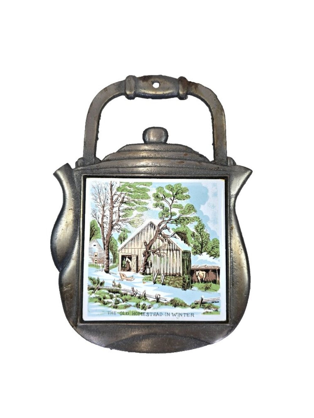 VTG Trivet Cast Iron Ceramic Tile Teapot Rustic Wall Plaque Farmhouse Cottage